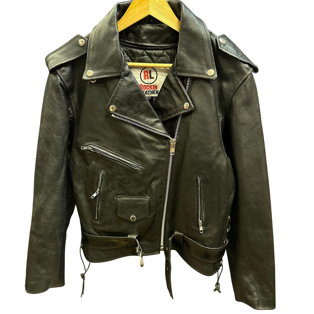 Rockin Leather Vintage Mens Classic Black Motorcycle Biker Jacket Large